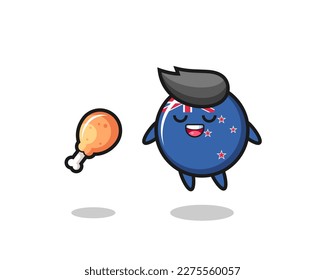 cute new zealand flag badge floating and tempted because of fried chicken , cute style design for t shirt, sticker, logo element