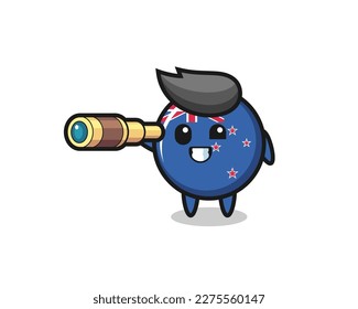 cute new zealand flag badge character is holding an old telescope , cute style design for t shirt, sticker, logo element