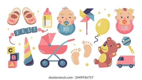 Cute newborn accessories items toys vector set isolated icon clipart illustration