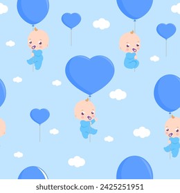Lindos bebés recién nacidos en el cielo sosteniendo globos azules. Fondo de fiesta de la ducha del bebé con los globos en el cielo. Patrón sin costuras. Ilustración vectorial