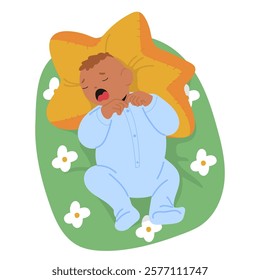 Cute newborn baby boy child crying loudly weeping bursting into tears while lying in bed cradle pillow vector illustration. Neglected kid screaming shedding teardrops feeling exhausted and sad