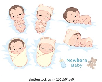 Cute newborn baby boy. Poses set. Vector illustration.