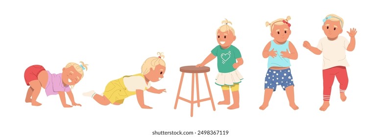 Cute newborn baby cartoon characters crawling making first steps isolated set on white background