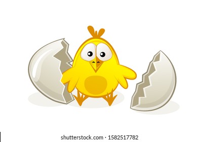 Cute Of Newborn Baby Chicken In The Egg. Broken Egg. Vector Flat Illustration For Kids.