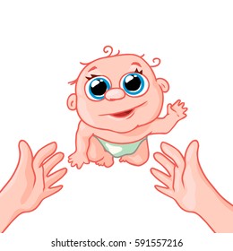 cute newborn baby crawling to his mother on the handle