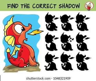 Cute newborn baby dragon. Find the correct shadow. Educational matching game for children. Cartoon vector illustration