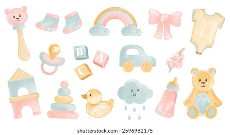 Cute newborn baby elements isolated set with clothing, decorative items, toys, feeding supplies, rainbow and rainy cloud vector illustration. Bundle of infant kids accessories prints collection