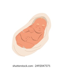 Cute newborn baby flat cartoon character sleeping in nappy diaper isolated on white background