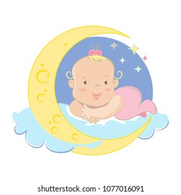Cute newborn baby girl flying sky on the cloud and the moon among the stars cartoon character vector illustration. Can be used for baby shower celebration invitation and greeting card.