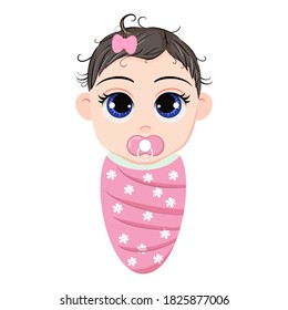Cute newborn baby girl, illustration for baby shower, greeting card, party invitation, fashion clothes t-shirt print, isolated in white background