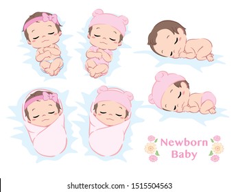 Cute newborn baby girl. Poses set. Vector illustration.