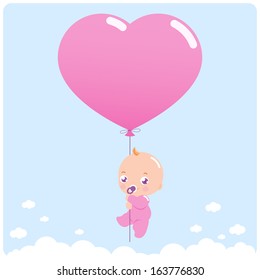 A cute newborn baby girl in the sky holding a pink heart shaped balloon. Baby shower party with balloon in the sky. Vector Illustration