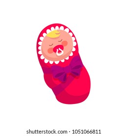 Cute Newborn Baby Girl is Sleeping With Pacifier And Wrapped in a Pink Blanket. Cartoon Style vector Illustration