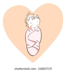 Cute newborn baby girl sleeping sweet wrapped in a pink swaddling blanket, vector illustration