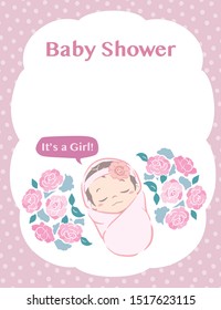 Cute newborn baby girl. Vector illustration for Baby shower card or other use.