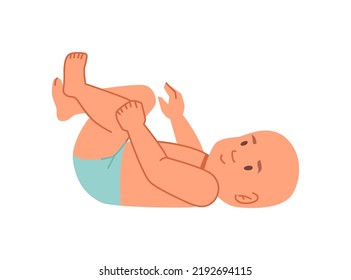 Cute newborn baby laying on its back, raising hands and legs up. Isolated kid, childcare and growth upbringing of children. Vector in flat style, flat cartoon character