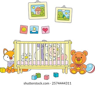 Cute newborn baby lying in a cot among toys in a nursery, vector cartoon illustration on a white background