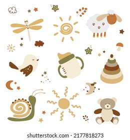 Cute newborn baby paintings in vector with milk bottle, umbrella and snail. Cartoon drawings for kid decoration and design with bird, moon and sun