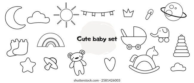 Cute newborn baby scribble doodle icons set. Hand drawn childish funny simple vector illustrations with sun, stars, clouds, toys, baby stroller, pacifier, booties