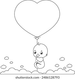 A cute newborn baby in the sky holding a heart shaped balloon. Baby shower party with balloon in the sky. Vector black and white coloring page