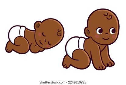 Cute newborn baby sleeping and crawling. Infant development drawing set, vector clip art illustration.