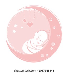Cute newborn baby sleeping on the crescent moon. Can be used for baby shower celebration invitation and greeting card.
