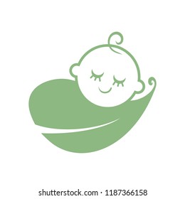 Cute newborn baby sleeping on the leaf vector illustration. Can be used as a logo icon for baby products.