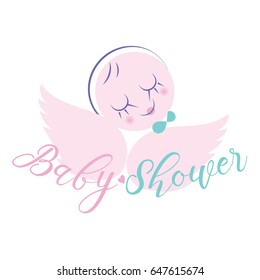 Cute newborn baby sleeping on the angel's wings hand drawn vector illustration. Can be used for a baby shower celebration invitation and greeting card, baby t-shirt print, baby product logo.