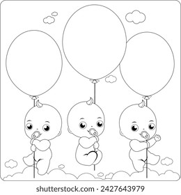 Cute newborn baby triplets flying in the sky holding balloons. Baby shower or birthday party newborn baby. Vector black and white coloring page.