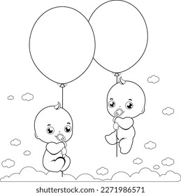 Cute newborn baby twins flying in the sky holding balloons. Vector black and white coloring page.