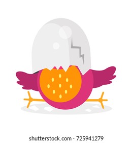 Cute newborn bird character, funny chick in egg shell cartoon vector Illustration