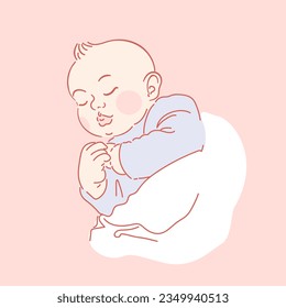 Cute newborn, boy or girl is sleeping. Soft pillow. before bedtime. Sleep expert emblem. Calm healthy childrens sleep. Sleep training. Sketch style illustration