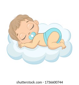 Un niño recién nacido lindo durmiendo en una nube. Ilustración vectorial para ducha de bebé, tarjeta de saludo, invitación a fiesta, ropa de moda estampada de camisetas.