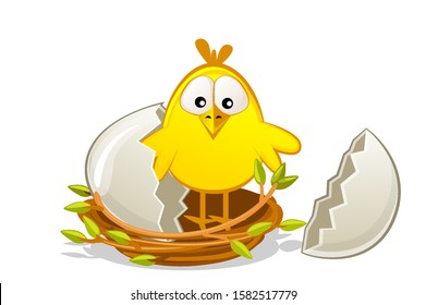 Cute newborn chick in a nest of twigs. Broken egg. Happy easter. Vector flat illustration for kids.