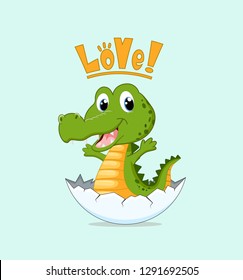 Cute newborn crocodile in the egg shell vector illustration. Design element, clipart for baby shower greeting card, invitation, poster 