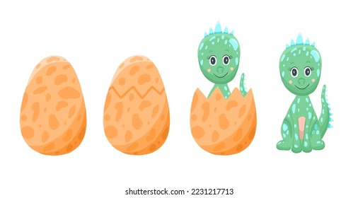 Cute newborn dino in egg shell. Vector cartoon illustration