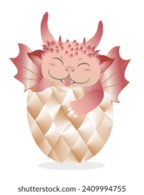Cute newborn dragon in egg. Can be used for invitations, birthday, t-shirt, greeting card
