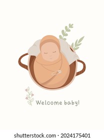 Cute Newborn european baby is Sleeping in a Blanket. Childish bohemian illustration for baby shower invitation card, poster, gift ideas.