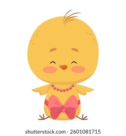 Cute newborn female chick sitting with red bow as a gift. Vector texture character isolated on background. Small fluffy symbol of birth and Easter. Front view. Birthday, Easter, holiday card
