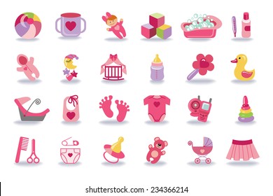 A Cute Newborn Flat Icons Set For Baby  Girl.Icons With Long Shadow.Baby Shower  Cartoon Design Elements.For Web And Mobile Phone,print.New Born Baby Infographic.Vector