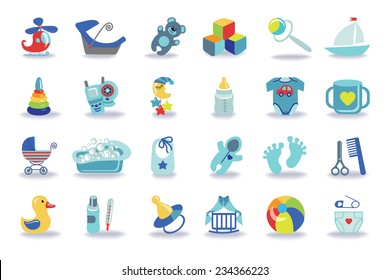 A Cute Newborn Flat Icons Set For Baby Boy.Icons With Long Shadow.Baby Shower  Cartoon Design Elements.For Web And Mobile Phone,print.New Born Baby Infographic.Vector