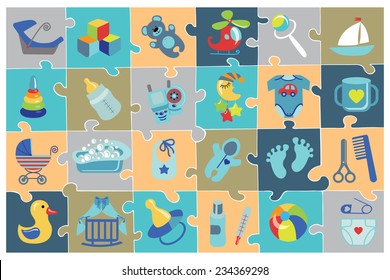 A cute Newborn flat icons set for Baby boy.Puzzle composition.Baby shower  cartoon design elements.For web and mobile phone,print.New born baby infographic.Vector