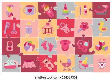 A cute Newborn flat icons set for Baby  girl.Puzzle composition.Baby shower  cartoon design elements.For web and mobile phone,print.New born baby infographic.Vector