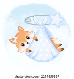 Cute Newborn Fox sleep in a blue blanket illustration