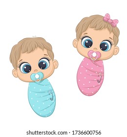 Cute newborn girl and boy. Vector illustration for baby shower, greeting card, party invitation, fashion clothes t-shirt print.