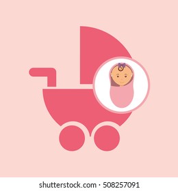 cute newborn girl on pink blanket and pram vector illustration eps 10