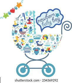 A Cute Newborn Icons Set For Baby Boy.Composition In Form Of Carriage.Baby Shower Cartoon Design Elements.Poster,card,invitation,template.New Born Baby Infographic.Vector