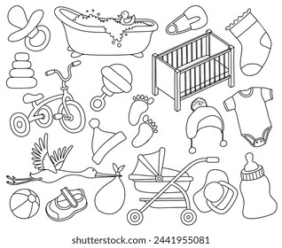 Cute newborn infant themed doodle set. clothing, toys, health care stuff, safety, accessories, Baby care, feeding.
