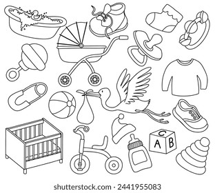 Cute newborn infant themed doodle set. clothing, toys, health care stuff, safety, accessories, Baby care, feeding.