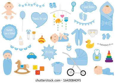 
Cute newborn kids boy vector drawing. Set for a discharge from the hospital. Baby sleeps playing sucks pacifier. Cubes yula rattle stroller